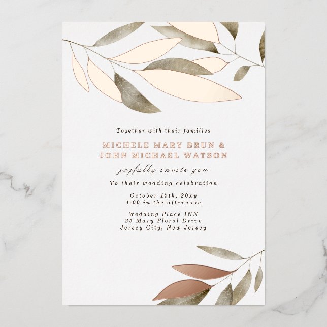 Elegante Aquarellfarben Herbstleaves Hochzeitsgold Folieneinladung (Vorderseite)