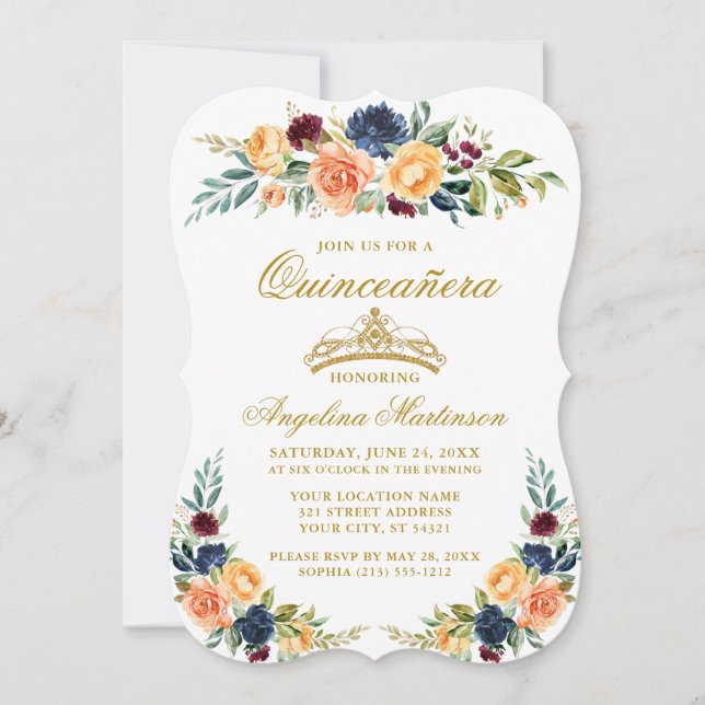 Elegante Aquarellfarben Mixed Floral Quinceanera Einladung (Vorderseite)