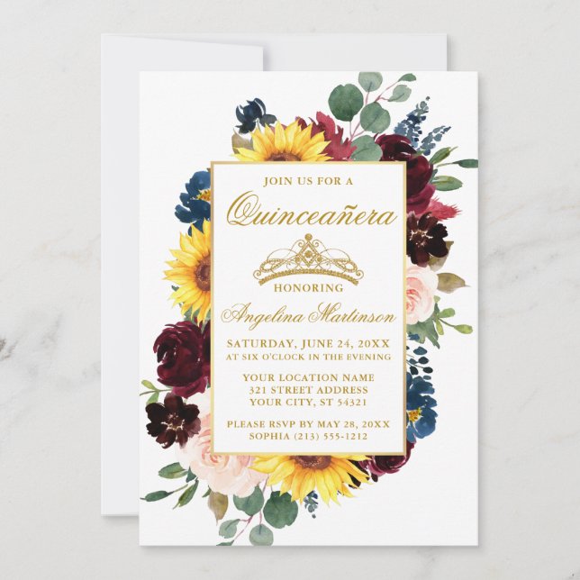 Elegante Aquarellfarben Mixed Floral Quinceanera G Einladung (Vorderseite)