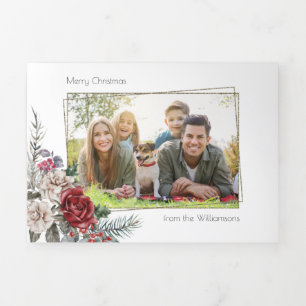 Elegante Aquarellfarben, Pine & Gold-Rahmen-Foto Dreifach Gefaltete Urlaubskarte