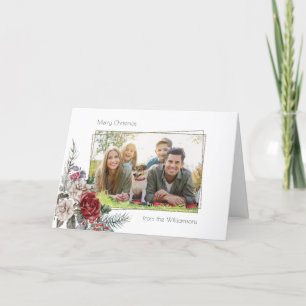 Elegante Aquarellfarben, Pine & Gold-Rahmen-Foto Feiertagskarte