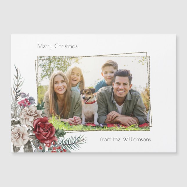 Elegante Aquarellfarben, Pine & Gold-Rahmen-Foto Magnetkarte (Vorderseite)