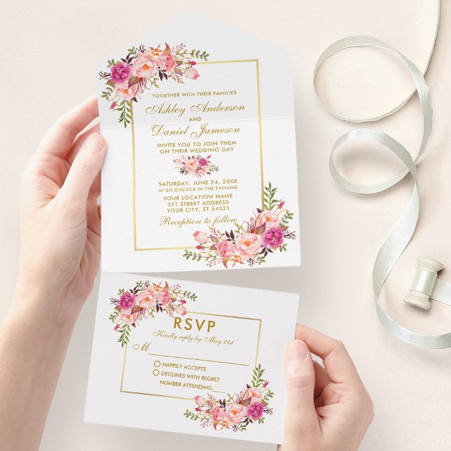 Elegante Aquarellfarben Rosa Rosa Rosa Gold All In One Einladung (All In One Wedding Invitation with tear off RSVP Card)