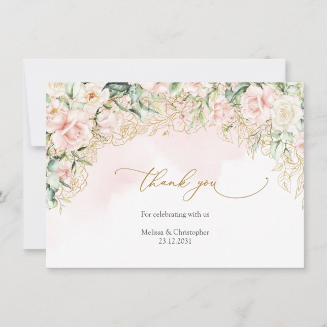 Elegante Aquarellfarben Rosa Rose Goldhochzeit Dankeskarte (Vorderseite)