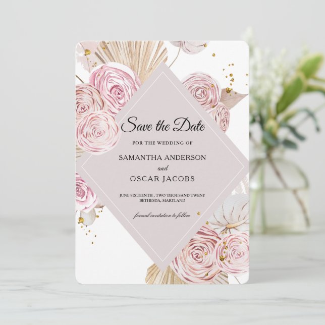 Elegante Aquarellfarben, rosa und Lila Blumenrahme Save The Date (Stehend Vorderseite)
