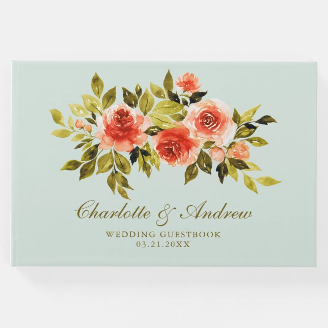 Elegante Aquarellfarben Rose Mint Green Wedding Gästebuch (Vorderseite)