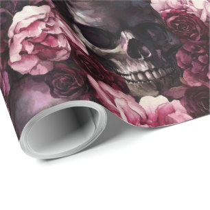 Elegante Aquarellfarben Rose Skull Halloween Geschenkpapier