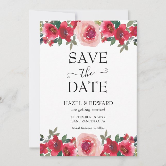 Elegante Aquarellfarben Rote Rose Save the Date fl Einladung (Vorderseite)