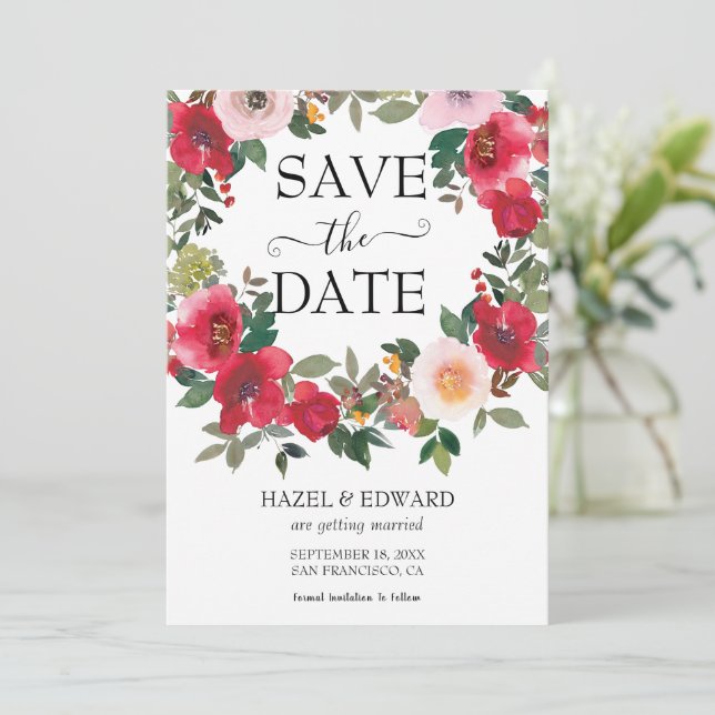 Elegante Aquarellfarben Rote Rose Save the Date fl Einladung (Stehend Vorderseite)
