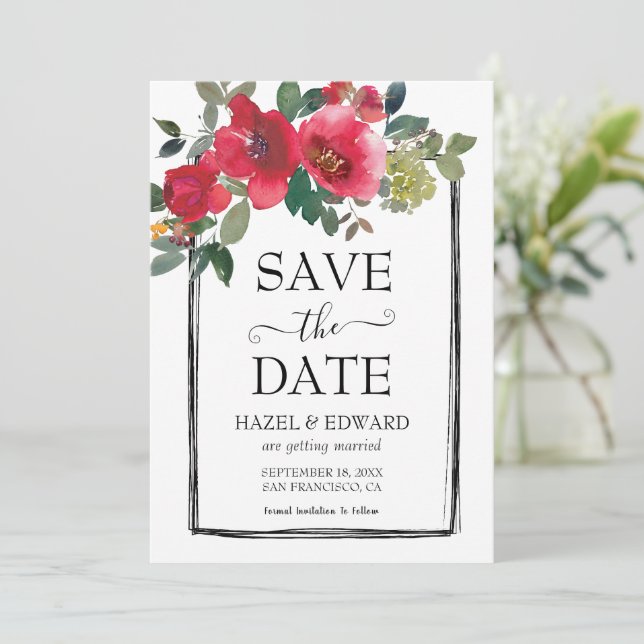 Elegante Aquarellfarben Rote Rose Save the Date fl Einladung (Stehend Vorderseite)