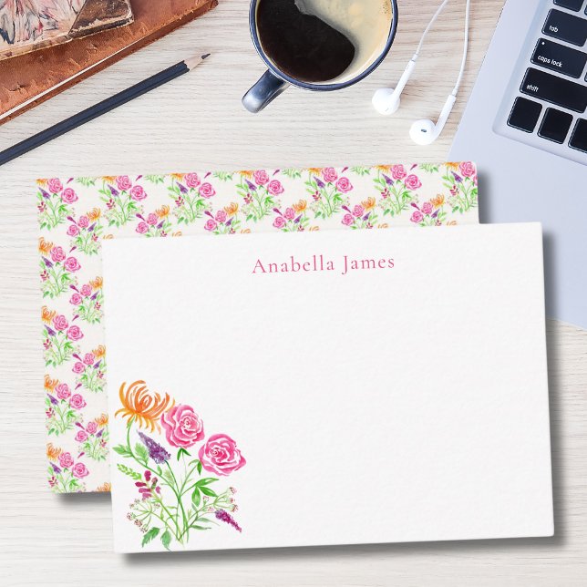 Elegante Aquarellfarben, Snapdragons und Blume Mitteilungskarte (Hand painted with a coordinating pattern on the backing. )