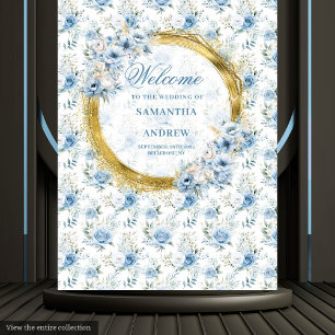 Elegante Aquarellfarben Staubblau Goldene Hochzeit Wandteppich