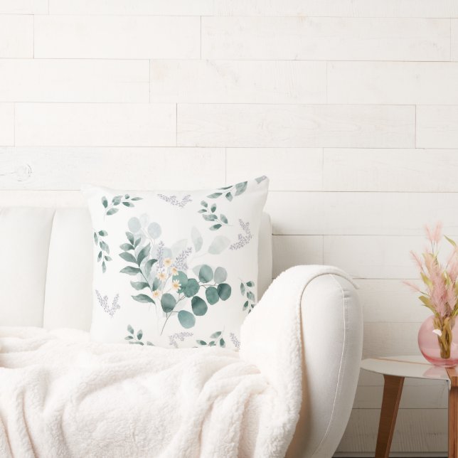 Elegante Aquarellfarben-Wildblume Eukalyptus-Blätt Kissen (Liege)