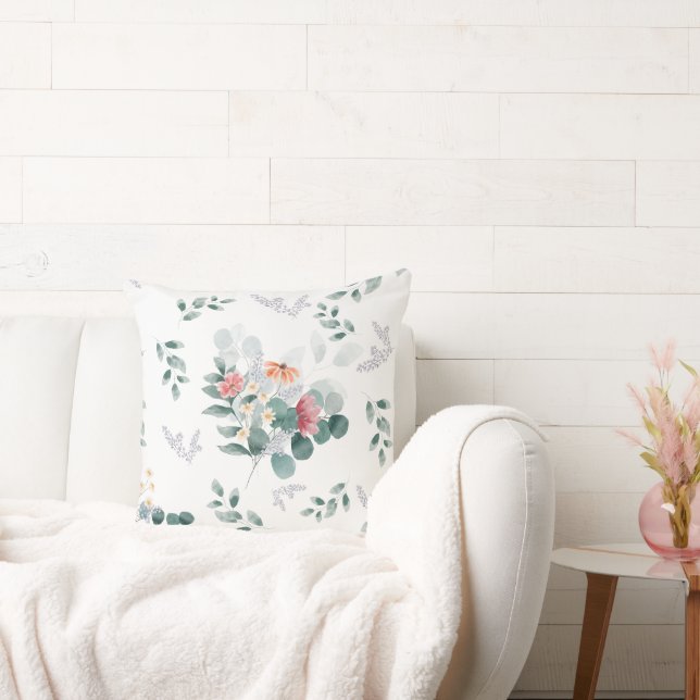 Elegante Aquarellfarben-Wildblume Eukalyptus-Blätt Kissen (Liege)