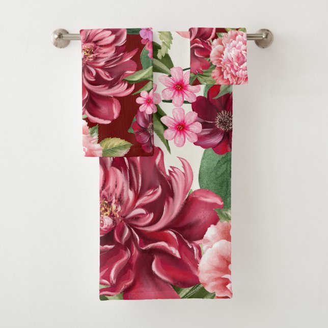 Elegante Aquarellfarbene Blume und Grünpflanzen Badhandtuch Set (Insitu)