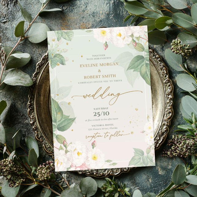 Elegante Aquarellfeder Weiße wilde Rose Salbei Einladung (Elegant watercolor spring white wild roses sage invitation)