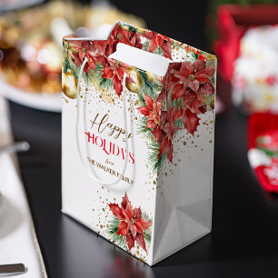 Elegante Aquarellgold Rote Poinsettia Weihnachten Mittlere Geschenktüte