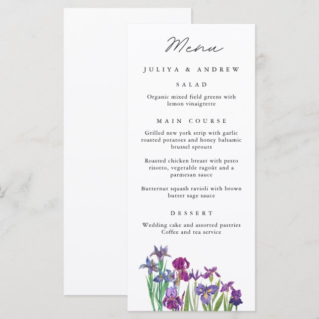 Elegante Aquarellkarte Iris Blume Wedding Menu Kar Menükarte (Vorne/Hinten)