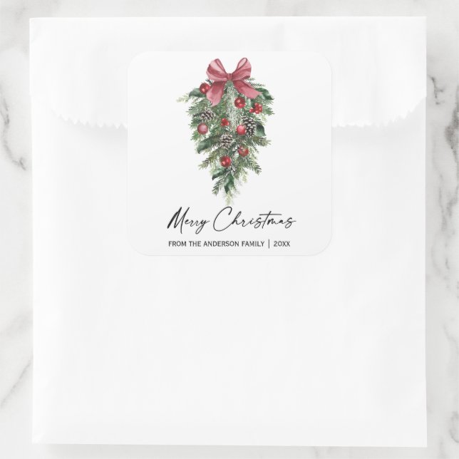 Elegante Aquarellkiefern Kalligraphie Weihnachten Quadratischer Aufkleber (Tasche)