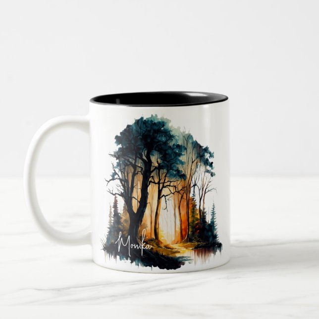 Elegante Aquarellmalerei bei Sonnenuntergang Zweifarbige Tasse (Links)