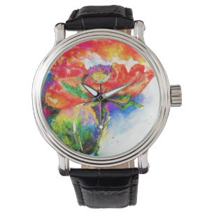 Elegante Aquarellmalerei mit rotem Blumen Armbanduhr