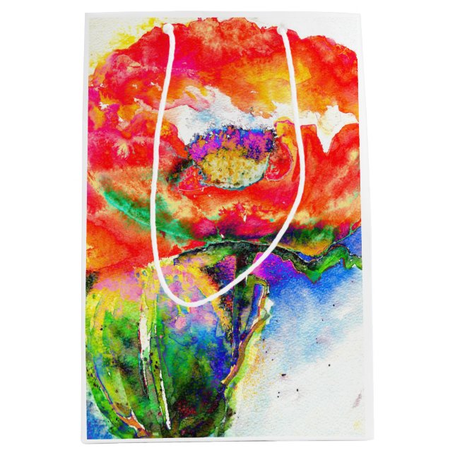 Elegante Aquarellmalerei mit rotem Blumen Mittlere Geschenktüte (Vorderseite)