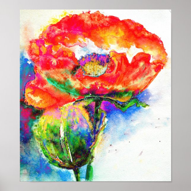 Elegante Aquarellmalerei mit rotem Blumen Poster (Vorne)