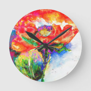 Elegante Aquarellmalerei mit rotem Blumen Runde Wanduhr