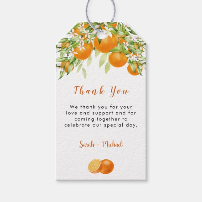 Elegante Aquarellorangen Babydusche Danke Geschenkanhänger (Vorderseite)