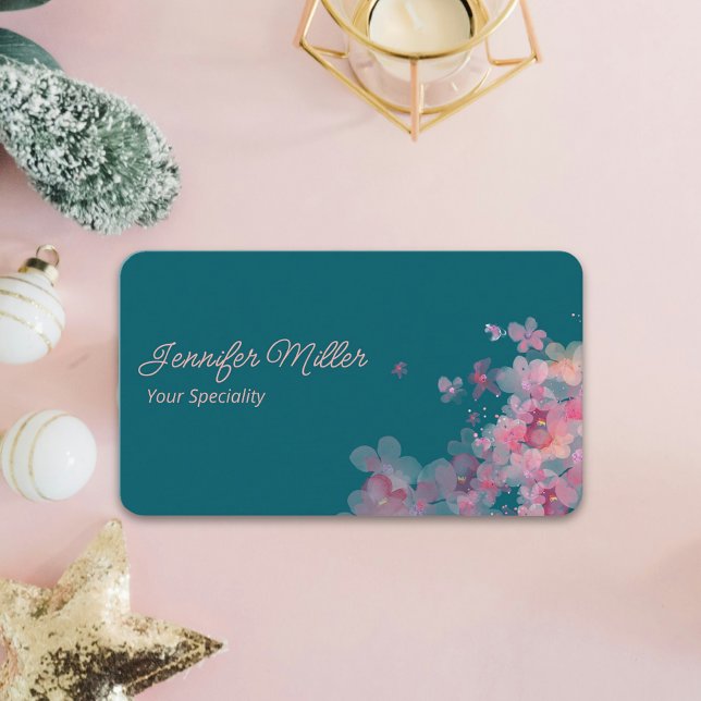 Elegante Aquarellpastellfarben dunkelblau Visitenkarte (Chic design, blue turquoise, watercolor, Sakura flower of Japan )