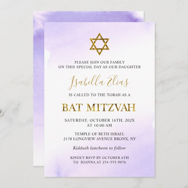 Elegante Aquarellpastellfarben Lila Goldmedaille B Einladung (Vorne/Hinten)