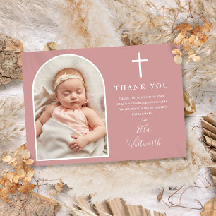 Elegante Arch-Foto Dusty Rose Pink Taufe Dankeskarte