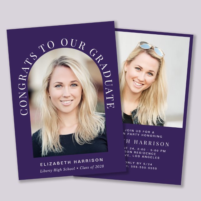 Elegante Arch Foto Lila Graduation Party Einladung (An elegant arch photo graduation party invitation to celebrate the graduate's achievements)