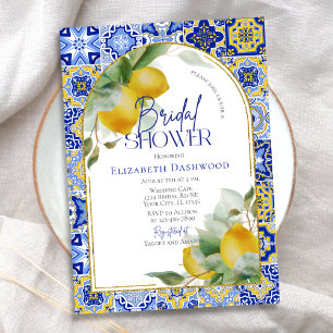 Elegante Arch Italian Blue Tile Lemon Brautparty Einladung