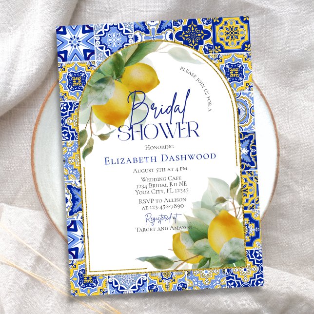 Elegante Arch Italian Blue Tile Lemon Brautparty Einladung (Von Creator hochgeladen)