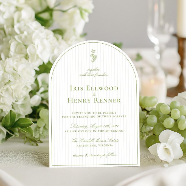 Elegante Arch Sage Green & Beige Stripe Wedding Einladung (Elegant Arch Sage Green & Beige Stripe Wedding Invitation)