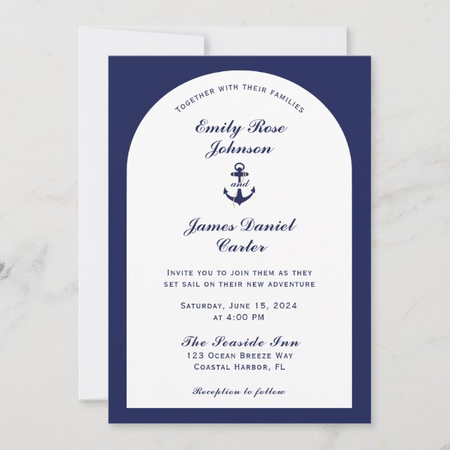 Elegante Arch White & Navy Blue Nautical Wedding Einladung (Vorderseite)