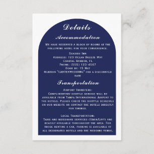 Elegante Arch White & Navy Details zur Hochzeit Begleitkarte