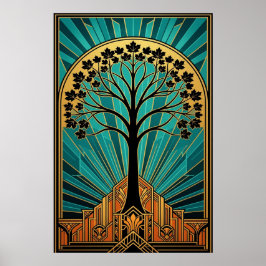 Elegante Art Deco Ahornbaum-Silhouette Gold Türkis Poster