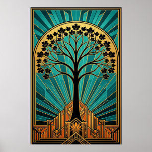 Elegante Art Deco Ahornbaum-Silhouette Gold Türkis Poster