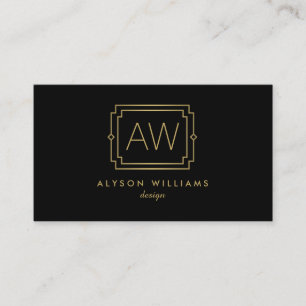Elegante Art Deco Beruflich Monogram Black/Gold Visitenkarte