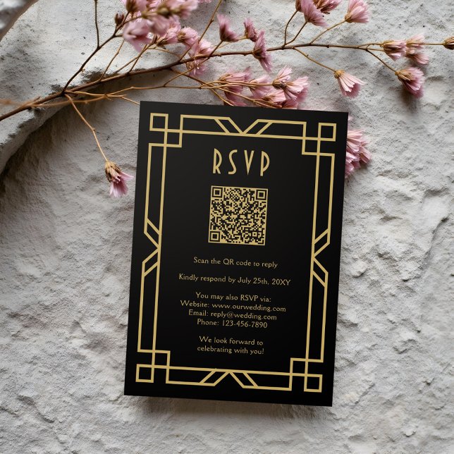 Elegante Art Deco Classic Beige Gold Black QR RSVP Karte (Von Creator hochgeladen)