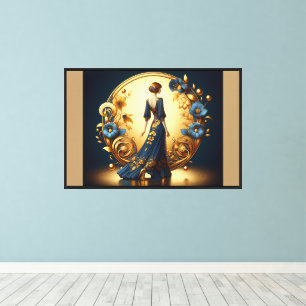 Elegante Art Deco Frau Gold und Blau Leinwanddruck