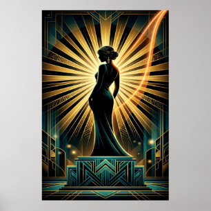 Elegante Art Deco Frau Goldene Silhouette Poster
