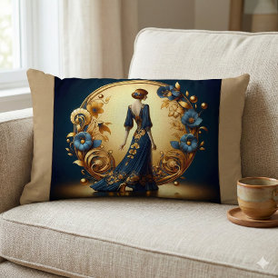 Elegante Art Deco-Frau in Gold und Blau Lendenkissen