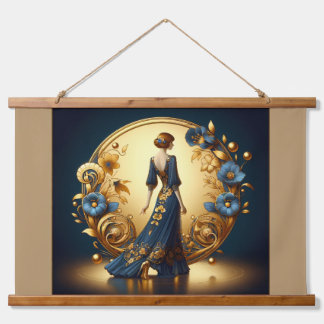 Elegante Art Deco-Frau in Gold und Blau Wandteppich Mit Holzrahmen