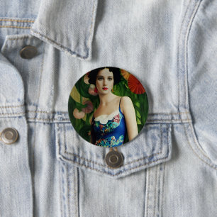 Elegante Art Deco Frauen mit großer Blume Kunst, D Button