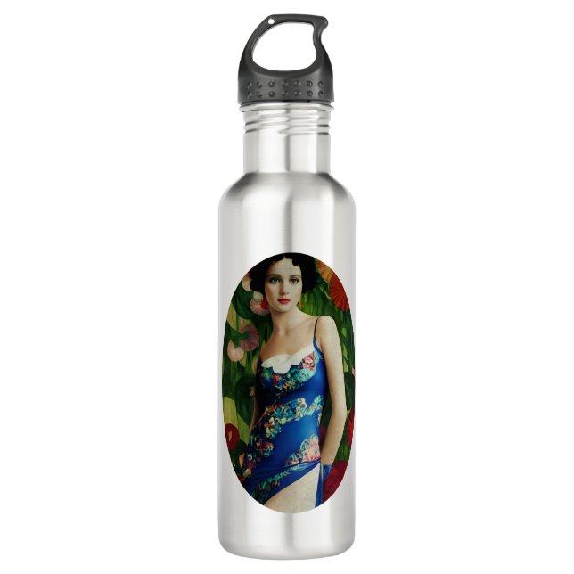 Elegante Art Deco Frauen mit großer Blume Kunst, D Edelstahlflasche (Vorderseite)