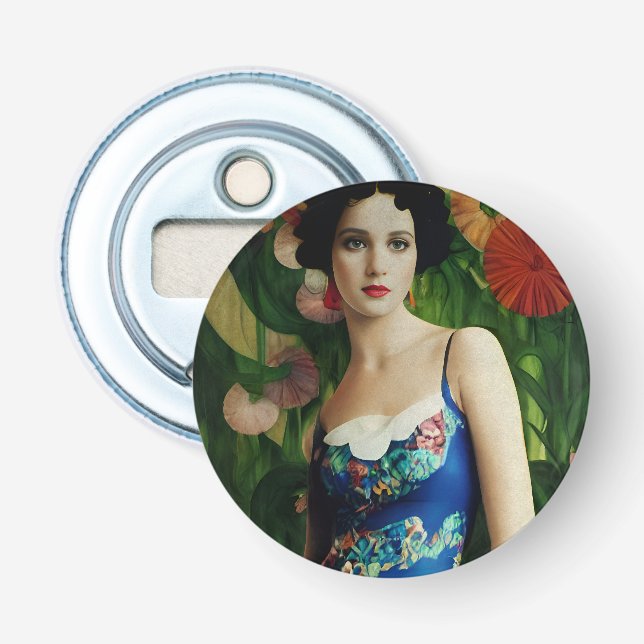 Elegante Art Deco Frauen mit großer Blume Kunst, D Flaschenöffner (Vorderseite)