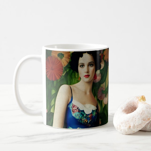 Elegante Art Deco Frauen mit großer Blume Kunst, D Kaffeetasse (Mit Donut)